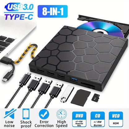 8-in-1 Ultra-Slim Portable External CD/DVD Drive