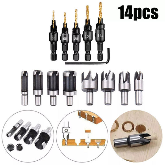 14pcs/Set Pack Countersink Drill Bit Wood Plug Cutter Woodworking Screw Hole